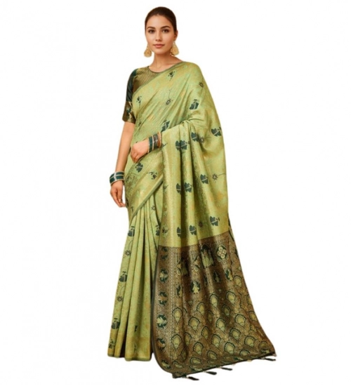 Generic Women's Silk Blend Woven Paithani Saree With Unstitched Blouse 5.5Mtr (Olive)