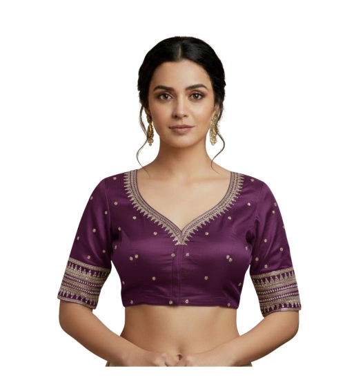 Generic Women's Vichitra Silk V Neck Padded Blouse (Purple, 38 Ready Size (Self-Alterable 36–40)