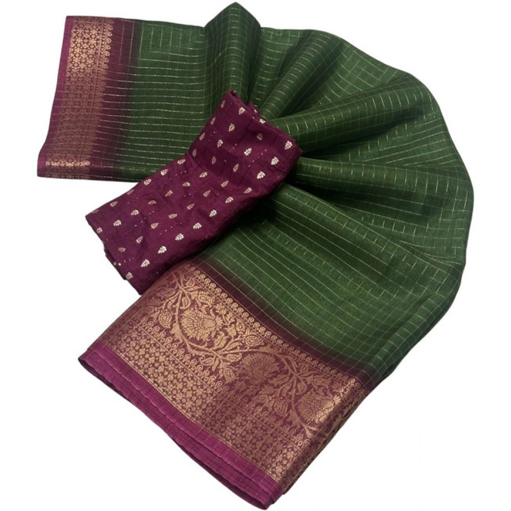 Women's Cotton Blend Checkered Saree With Unstitched Blouse 5.5Mtr (Green)