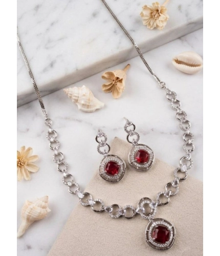 Generic Women's Brass Silver Plated Necklace set (Red)