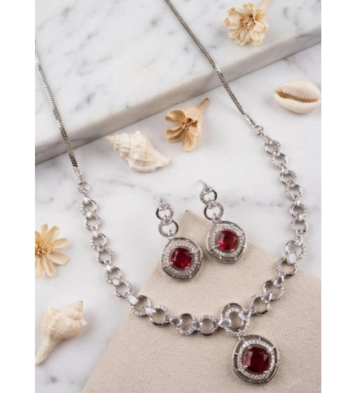 Generic Women's Brass Silver Plated Necklace set (Red)