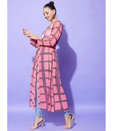 Generic Women's Polyester Check Long Sleeves Shrug (Pink)