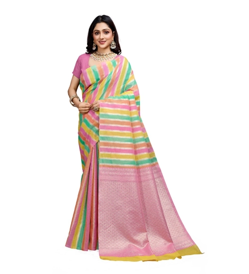 Generic Women's Cotton Blended Printed Saree With Unstitched Blouse 5.5Mtr (Pink)