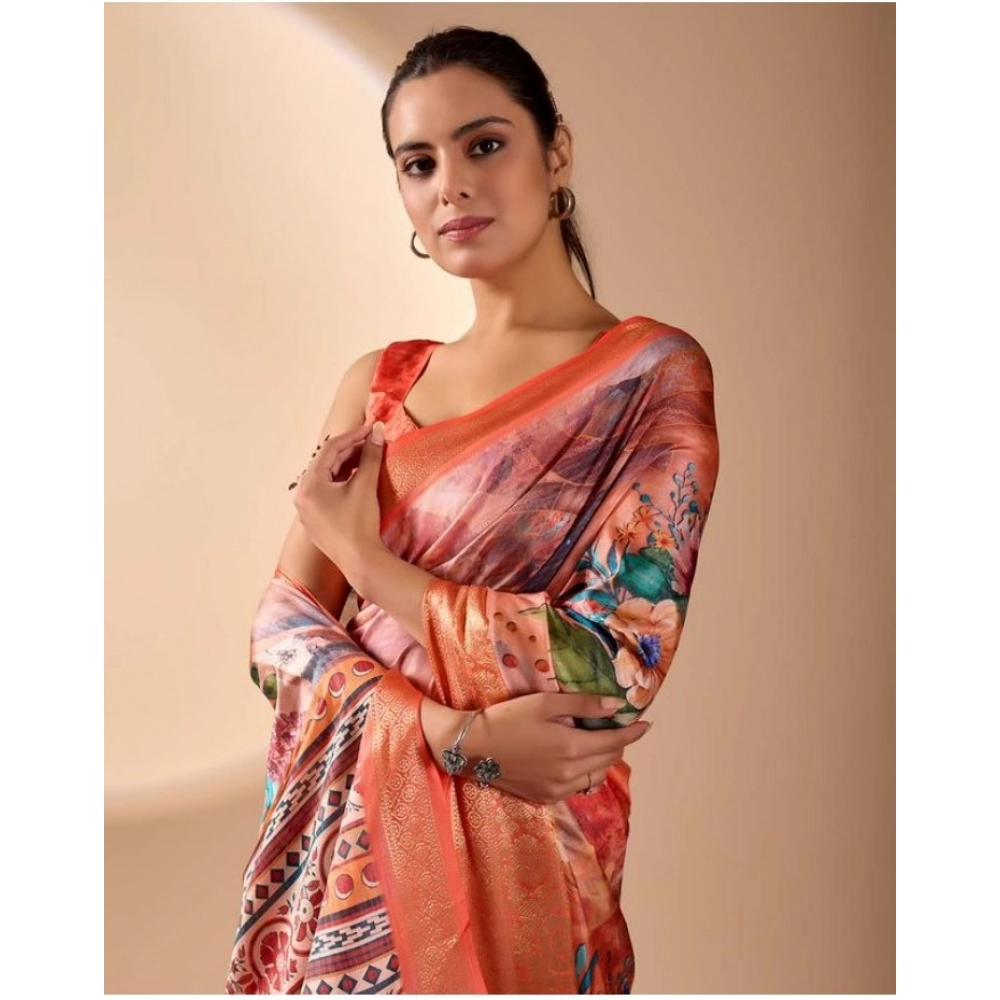 Generic Women's Faux_Silk Printed Saree With Unstitched Blouse 5.5Mtr (Peach)