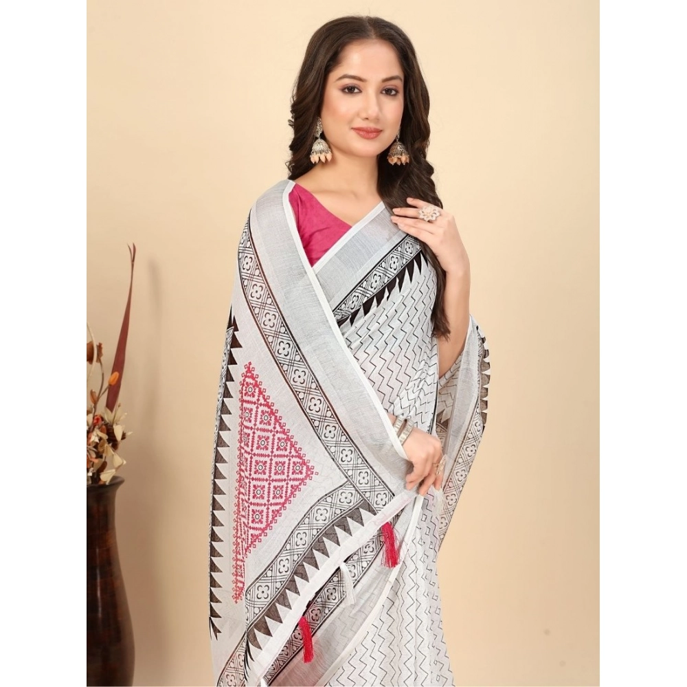 Women’s Linen Printed Saree With Unstitched Blouse 5.5Mtr (Multicolor)