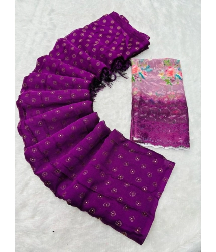 Generic Women's Printed Brasso Saree With Unstitched Blouse (Magenta, 5-6 Mtrs)