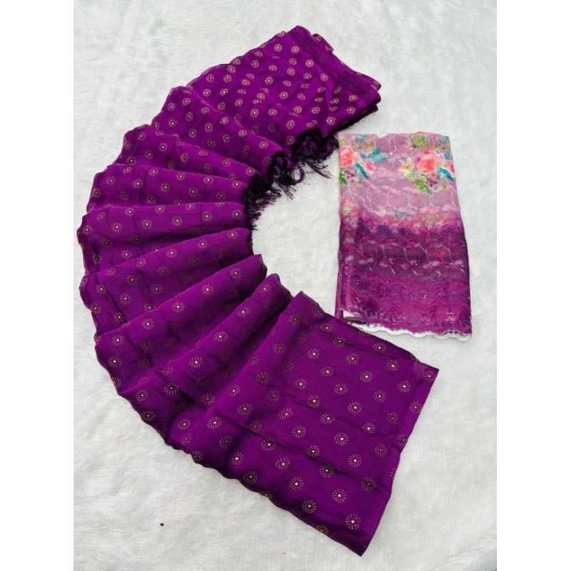 Women's Printed Brasso Saree With Unstitched Blouse (Magenta, 5-6 Mtrs) Women's Printed Brasso Saree With Unstitched Blouse (Magenta, 5-6 Mtrs)