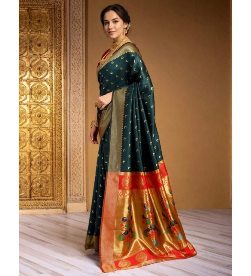 Generic Women's Silk Blend Zari Woven Saree With Unstitched Blouse 5.5Mtr (Dark-Green)