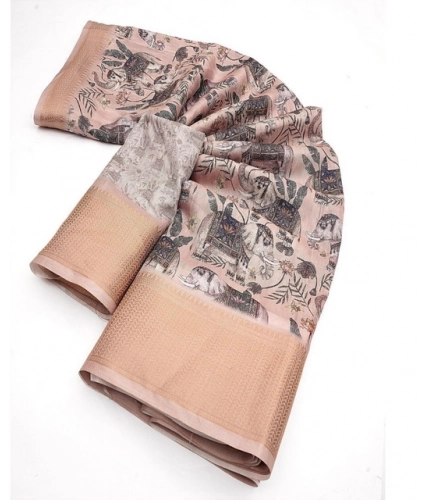 Generic Women's Cotton Silk Printed Saree With Unstitched Blouse 5.5Mtr (Cream-Black)