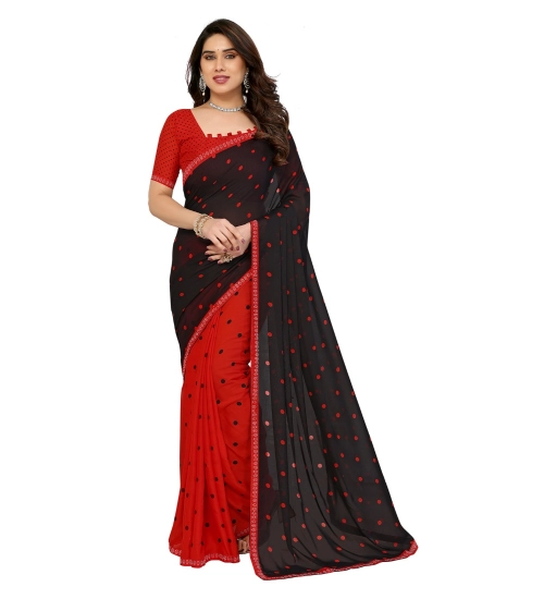 Generic Women's Georgette Printed Saree With Unstitched Blouse 5.5Mtr (Black-Red)