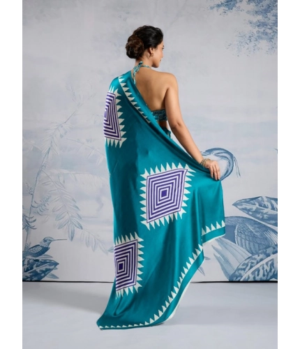 Generic Women's Satin Crepe Printed Saree With Unstitched Blouse 5.5Mtr (Rama Blue)