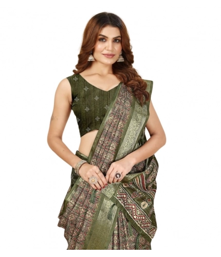 Generic Women's Cotton Blend Printed Saree With Unstitched Blouse 5.5Mtr (Green)