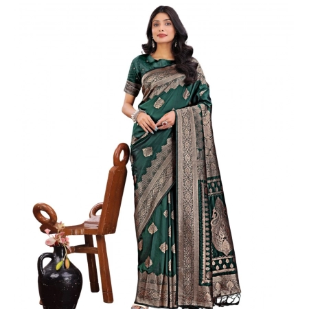 Generic Women's Silk Printed Saree With Unstitched Blouse 5.5Mtr (Green)