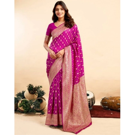 Generic Women's Jacquard Printed Saree With Unstitched Blouse 5.5Mtr (Pink)