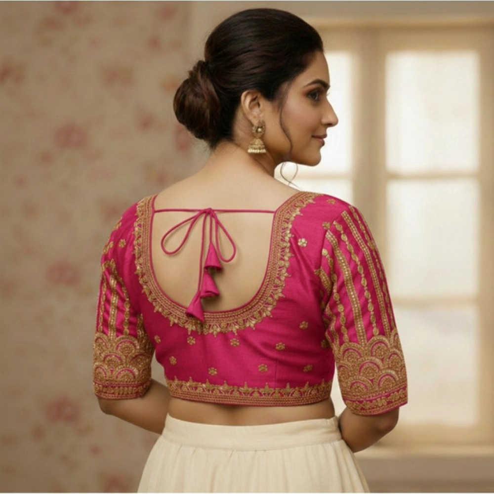 Women's Phantom Silk Embroidered Designer Neck Padded Blouse (Pink 38 Ready (Alterable up to 42)