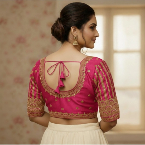 Generic Women's Phantom Silk Embroidered Designer Neck Padded Blouse (Pink 38 Ready (Alterable up to 42)