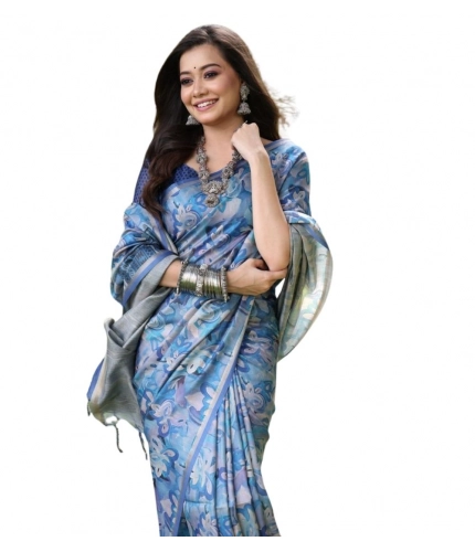 Generic Women's Faux_Tussar_Silk Abstract_Print Saree With Unstitched Blouse 5.5Mtr (Blue)