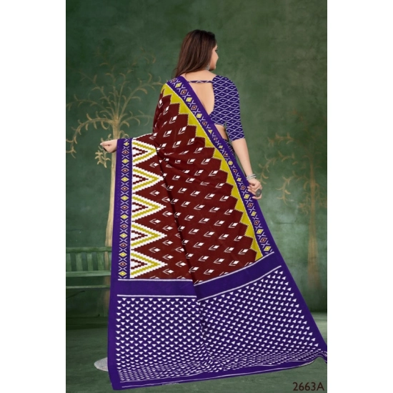 Generic Women's Soft Pure Cotton Printed Saree With Unstitched Blouse 5.5Mtr (Brown)