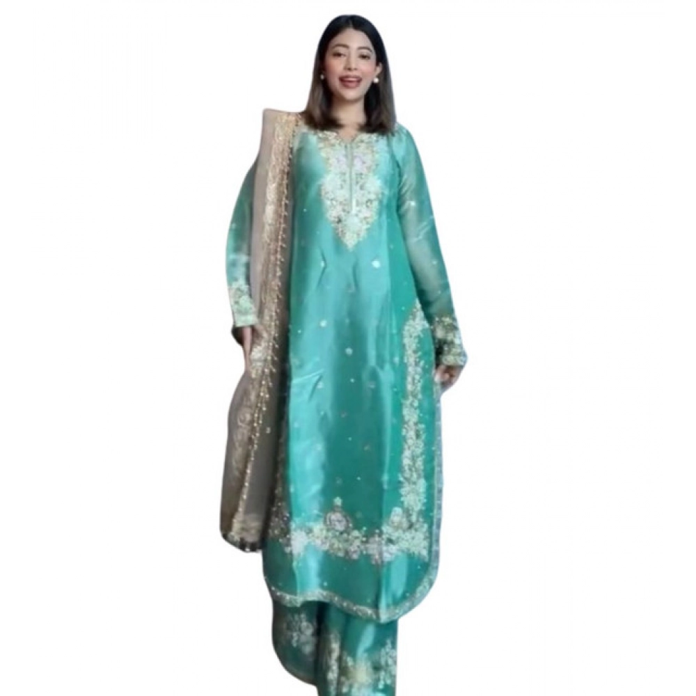 Generic Women's Silk Embroidered 3/4th Sleeve Round Readymade Kurti With Palazzo Pant and Dupatta Set (Sea Green) Generic Women's Silk Embroidered 3/4th Sleeve Round Readymade Kurti With Palazzo Pant and Dupatta Set (Sea Green)