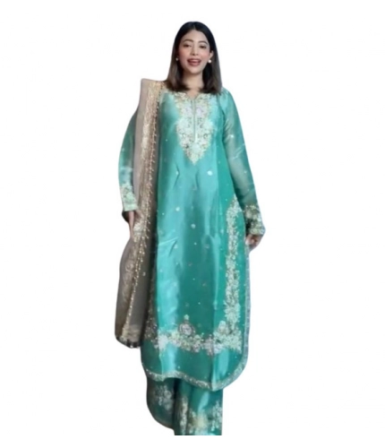 Generic Women's Silk Embroidered 3/4th Sleeve Round Readymade Kurti With Palazzo Pant and Dupatta Set (Sea Green)