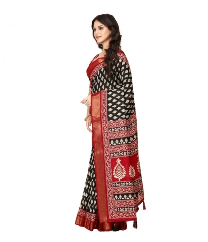 Generic Women's Cotton Silk Printed Saree With Unstitched Blouse 5.5Mtr (Black)