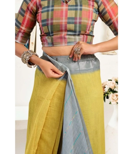 Generic Women's Faux Linen Geometric Ready to wear Saree With Unstitched Blouse 5.5Mtr (Grey)