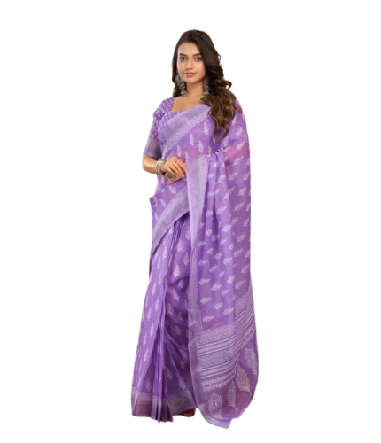 Generic Women's Faux Linen Floral Ready to wear Saree With Unstitched Blouse 5.5Mtr (Lavender)