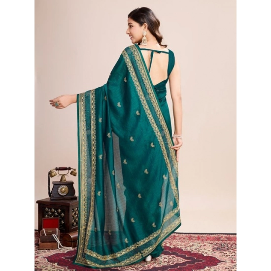 Generic Women's Vichitra Silk Embroidery Work Saree With Unstitched Blouse 5.5Mtr (Rama)