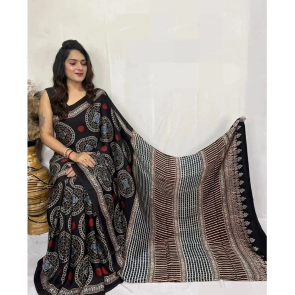 Generic Women's Satin Printed Saree With Unstitched Blouse 5.5Mtr (Black) Generic Women's Satin Printed Saree With Unstitched Blouse 5.5Mtr (Black)