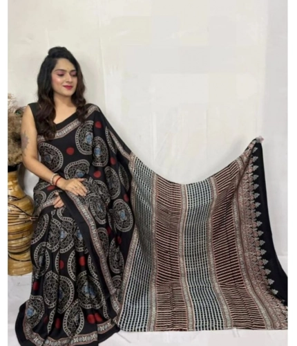 Generic Women's Satin Printed Saree With Unstitched Blouse 5.5Mtr (Black)