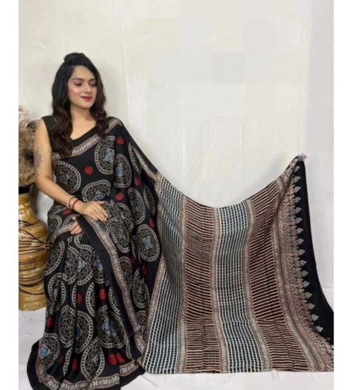 Generic Women's Satin Printed Saree With Unstitched Blouse 5.5Mtr (Black)