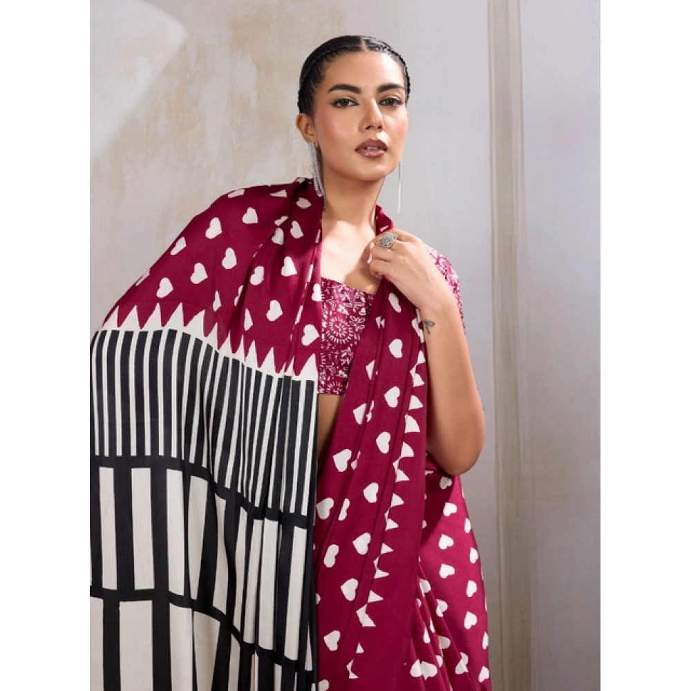 Women's Satin Crepe Printed Saree With Unstitched Blouse 5.5Mtr (Maroon)