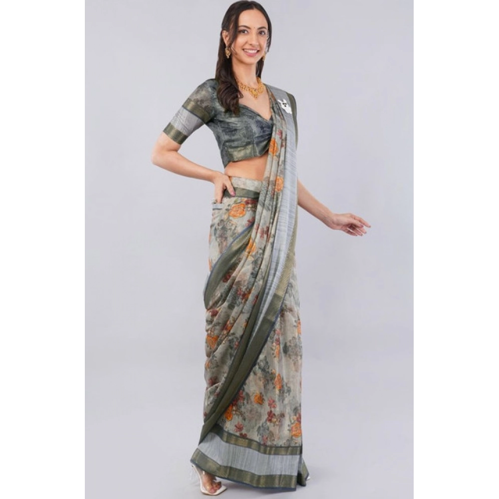 Women's Polyester Printed Ready To Wear Saree With Unstitched Blouse 5.5 Mtr (Light Grey)