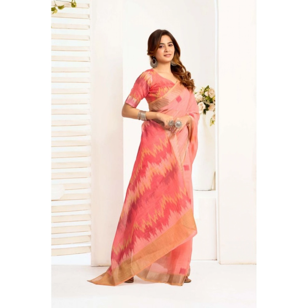 Generic Women's Linen Cotton Printed Ready To Wear With Pocket Saree With Unstitched Blouse 5.5 Mtr (Peach)