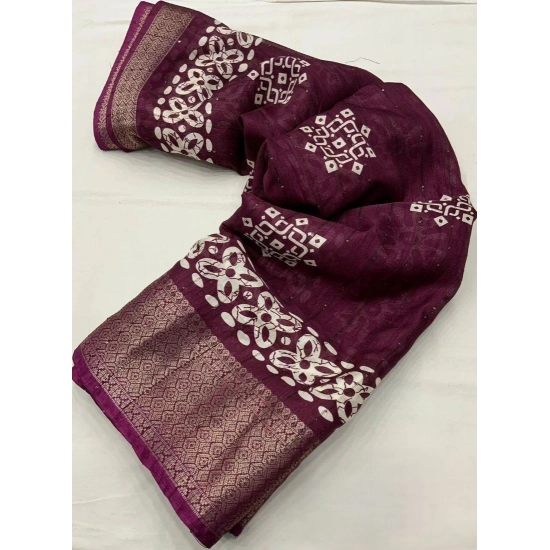Generic Women's Cotton Silk Printed Saree With Unstitched Blouse 5.5Mtr (Wine)