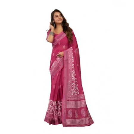 Generic Women's Linen Cotton Printed Ready To Wear Saree With Unstitched Blouse 5.5 Mtr (Pink)