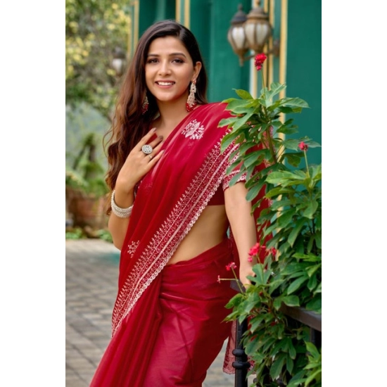 Generic Women's Faux Shimmer Floral Embroidery Ready to wear Saree With Unstitched Blouse 5.5Mtr (Red) Generic Women's Faux Shimmer Floral Embroidery Ready to wear Saree With Unstitched Blouse 5.5Mtr (Red)