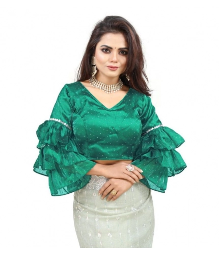 Generic Women's Organza Solid V Neck Layered Ruffle Sleeve Readymade Blouse (Rama Free Size , up to 38–40 Bust)-PID65857