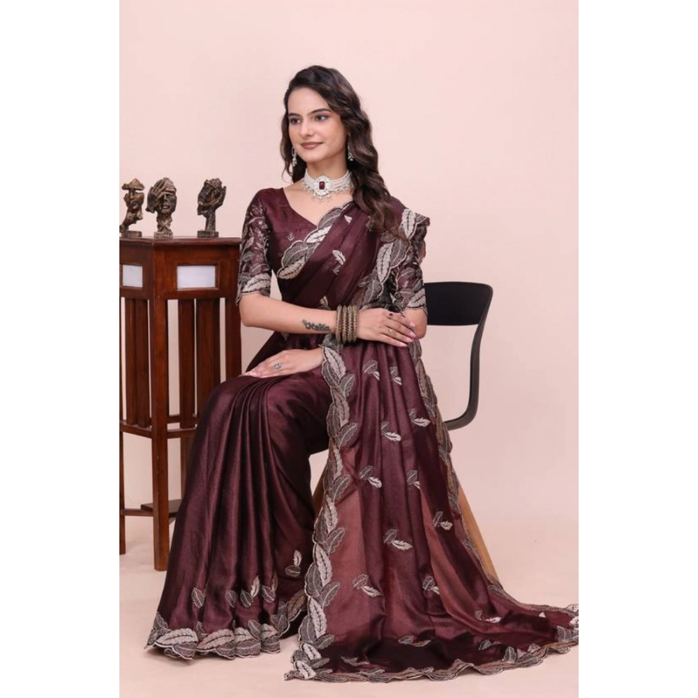 Generic Women's Georgette Embroidered Saree With Unstitched Blouse 5.5Mtr�(Wine)