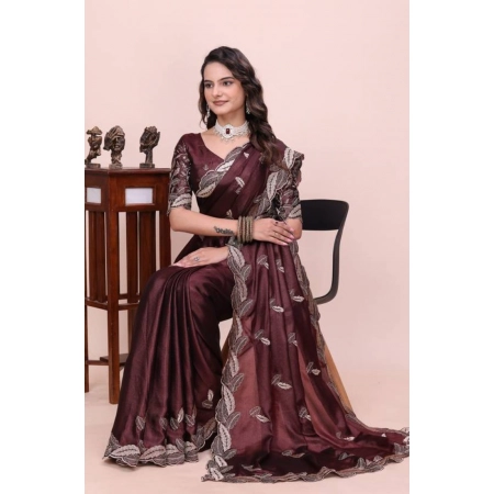 Generic Women's Georgette Embroidered Saree With Unstitched Blouse 5.5Mtr (Wine)
