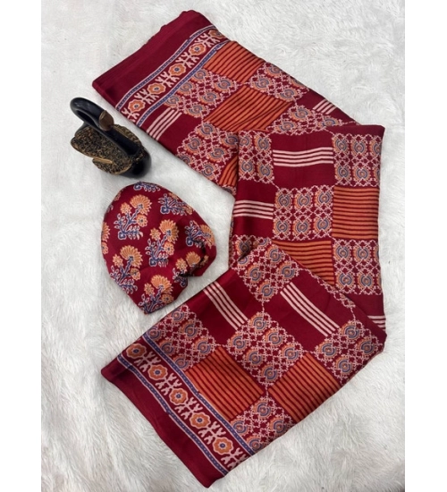 Generic Women's Gajji Soft Silk Printed Saree With Unstitched Blouse 5.5Mtr (Maroon)