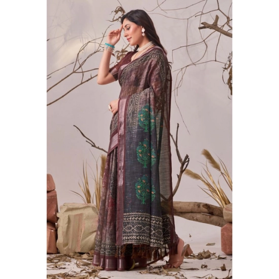 Generic Women's Faux_Linen Printed Saree With Unstitched Blouse 5.5Mtr (Brown)