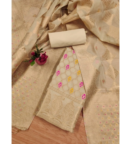 Generic Women's Banarasi Silk Printed Unstitched Salwar Suit Material With Dupatta (Cream, 3Mtrs)