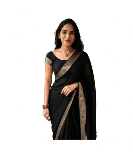 Generic Women's Vichitra Silk Printed Saree With Unstitched Blouse 5.5Mtr (Black)
