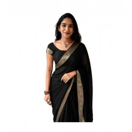 Generic Women's Vichitra Silk Printed Saree With Unstitched Blouse 5.5Mtr (Black)