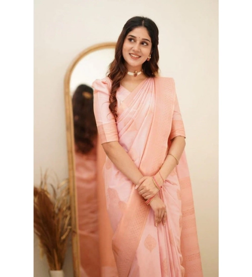 Generic Women's Soft Litchi Silk Jacquard Work Saree With Unstitched Blouse 5.5Mtr (Pink)