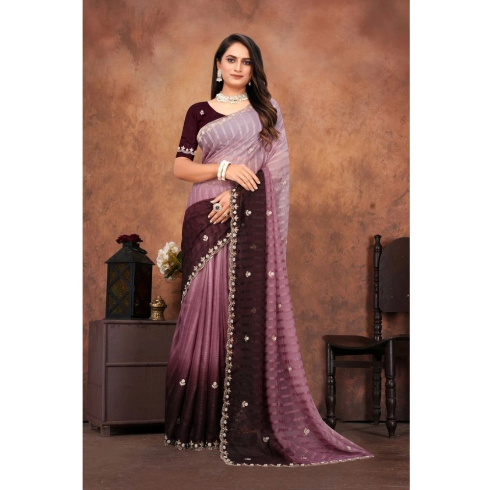 Generic Women's Chiffon Embroidred Saree With Unstitched Blouse 5.5Mtr (Beige)