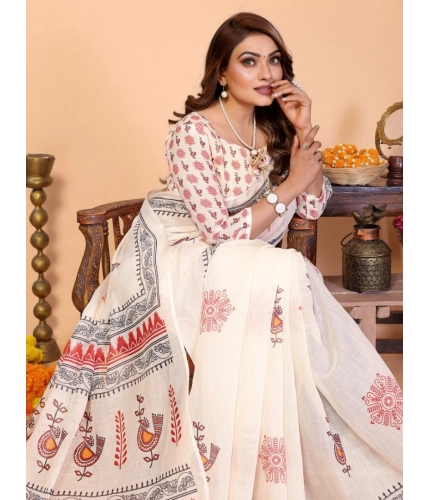 Generic Women's Linen Cotton Printed Saree With Unstitched Blouse 5.5Mtr (Off White)