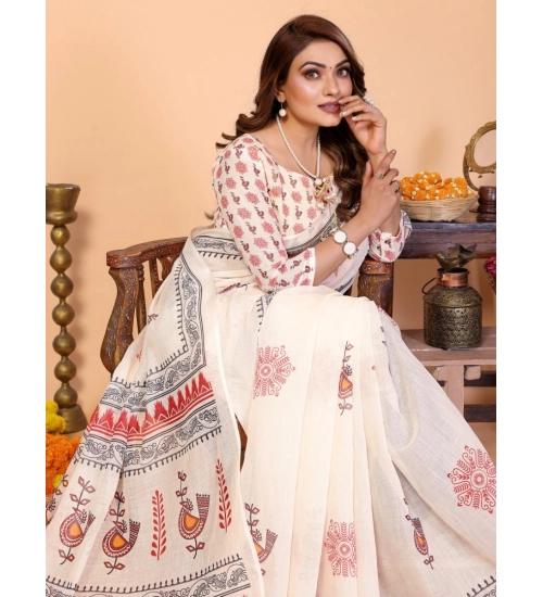 Generic Women's Linen Cotton Printed Saree With Unstitched Blouse 5.5Mtr (Off White)