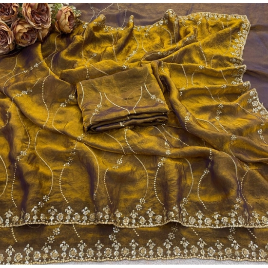 Generic Women's Slik Embellished Saree With Unstitched Blouse 5.5Mtr (Mustard-Yellow)